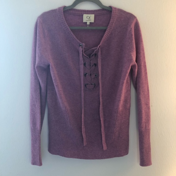 Qi Cashmere Sweater Lace Up Front 100% Cashmere Berry Mousse (Purple-Pink) M EUC - Picture 4 of 14